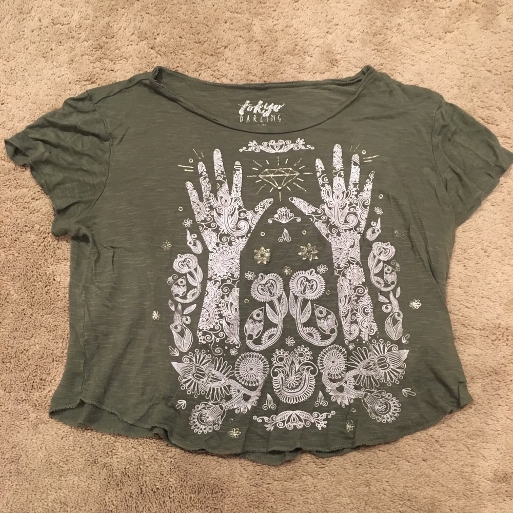 Tokyo Darling Olive Green Printed Crop Top